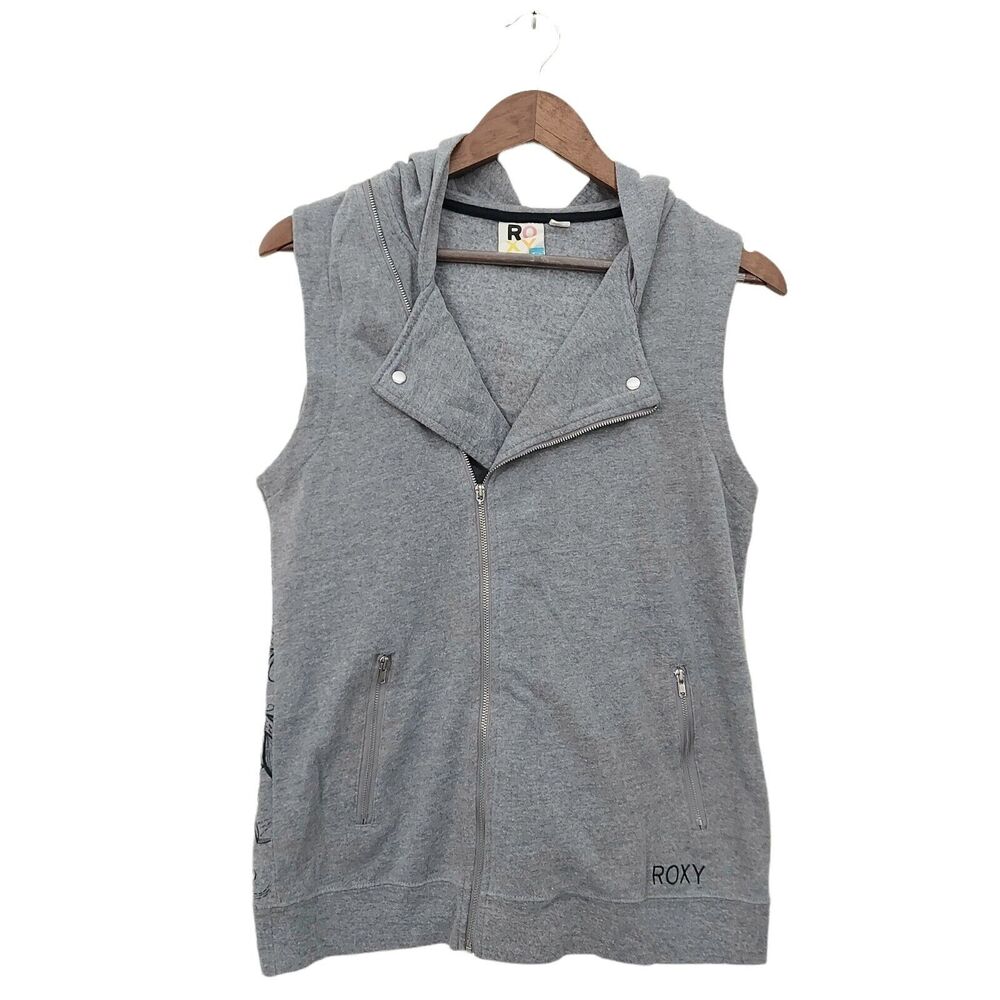 Roxy Hooded Vest Womens Medium Gray Full Zip Graphic Print Athletic Outdoor